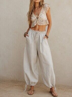 NWT Zara Barrel Leg Linen Blend Bohemian Pull-On High-Waist Pants In Oatmeal S